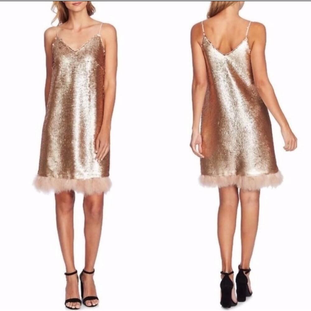 New CeCe Sequin Feather Trim Bohemian Luxe Dress